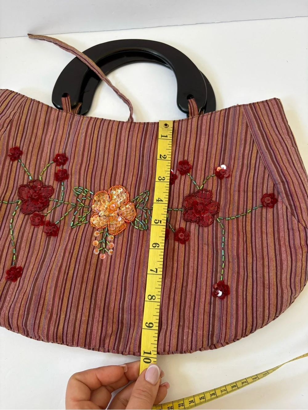 VNTG‎ Crescent Moon Orange Red Stripe Floral Embroidery Bag Purse Wooden Handle